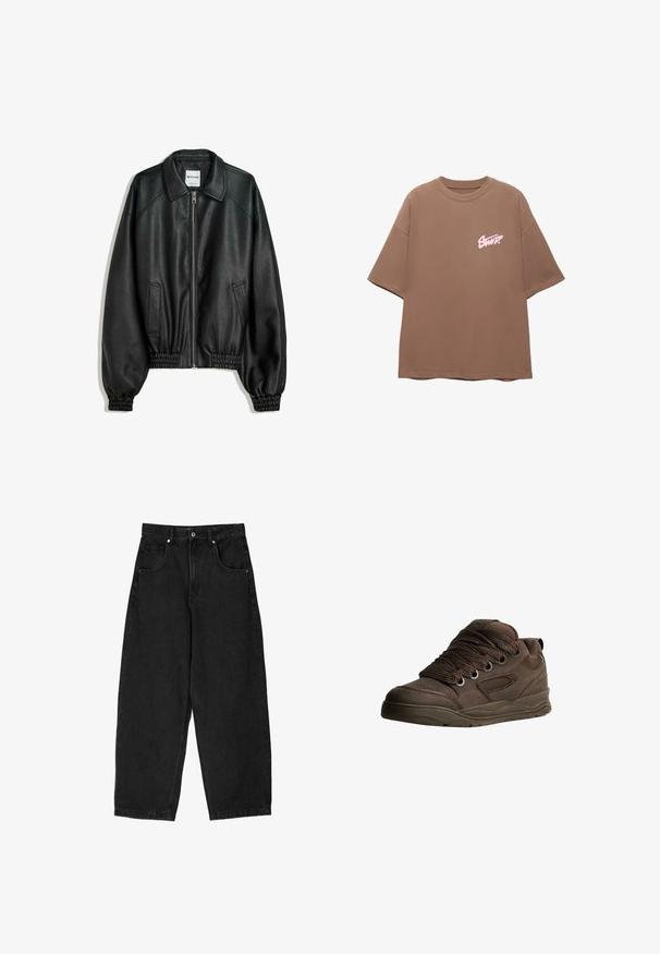 Fekete bőrkabát cipzáros elülső résszel, oldalsó zsebekkel és ráncolt mandzsettákkal. Struktúrált gallérral és texturált felülettel rendelkezik.; Barna, oversized póló, puha pamutból készült, kerek nyakkal és rövid ujjakkal. A bal mellrészen egy rózsaszín logó található.; Fekete farmer széles szárú nadrág magas derékkal, öt zsebbel, cipzáras és fémből készült gombos záródással. Sima textúra, minimális részletezéssel.; Barna sportcipők sima szintetikus anyagból. Vastag fűzőkkel, hálós díszítésekkel, párnázott bokaképzővel és mintázott gumitalppal rendelkezik.