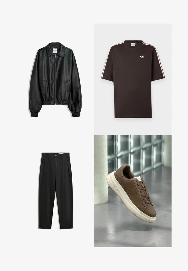Črna usnjena jakna z zadrgo na sprednjem delu, stranskimi žepi in nabranimi manšeti. Ima strukturiran ovratnik in teksturiran zaključek.; Rjava bombažna majica s kratkimi rokavi, z belimi črtami na ramenih in majhnim belim logotipom na prsih.; Črne bombažne hlače s sproščenim krojem, ki vključujejo klasičen pas, sprednje gube in stranske žepke. Gladka tekstura brez vzorcev.; Bordo semišni športni copat s kremasto gumijasto podplatom, ravnimi vezalkami in logotipom na strani. Lahka zasnova in gladka tekstura.