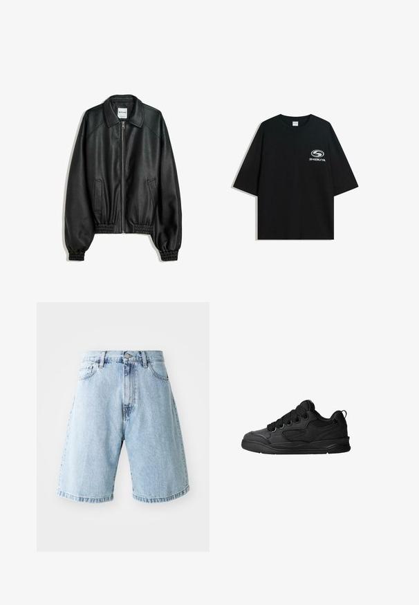 Czarna skórzana kurtka z zamkiem z przodu, kieszeniami po bokach i marszczonymi mankietami. Posiada usztywniony kołnierz i teksturowane wykończenie.; Czarna, oversize bawełniana koszulka z okrągłym dekoltem i krótkimi rękawami, z białym logo "Shibuya" nadrukowanym na przodzie.; Jasnoniebieskie szorty dżinsowe o luźnym kroju, z paskiem z guzikiem, kieszeniami z przodu oraz mankietami na końcach. Klasyczna tekstura dżinsu.; Czarne sneakersy z teksturowaną cholewką, z sznurowadłami, siateczkowymi akcentami dla lepszej wentylacji, wyściełanym kołnierzem oraz solidną podeszwą.