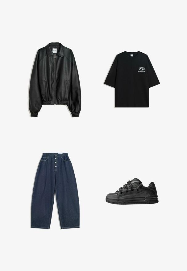Fekete bőrkabát cipzáros elülső résszel, oldalsó zsebekkel és ráncolt mandzsettákkal. Struktúrált gallérral és texturált felülettel rendelkezik.; Fekete, oversized pamut póló kerek nyakkal és rövid ujjakkal, az elején fehér "Shibuya" logóval.; Sötétkék farmer széles lábú nadrág magas derekú fazonnal, öt gombos záródással és öt zsebbel. Az illesztések mentén varrási díszítések találhatók.; Fekete sportcipők sima bőrből készült felső résszel, struktúrált kiegészítőkkel, valamint kerek fekete és fehér fűzőkkel. Vastag gumitalp mintázott bordázattal.