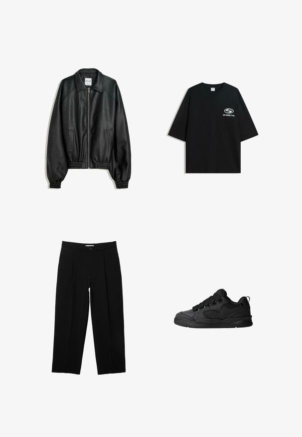 Czarna skórzana kurtka z zamkiem z przodu, kieszeniami po bokach i marszczonymi mankietami. Posiada usztywniony kołnierz i teksturowane wykończenie.; Czarna, oversize bawełniana koszulka z okrągłym dekoltem i krótkimi rękawami, z białym logo "Shibuya" nadrukowanym na przodzie.; PULL&BEAR - Spodnie materiałowe; Czarne sneakersy z teksturowaną cholewką, z sznurowadłami, siateczkowymi akcentami dla lepszej wentylacji, wyściełanym kołnierzem oraz solidną podeszwą.