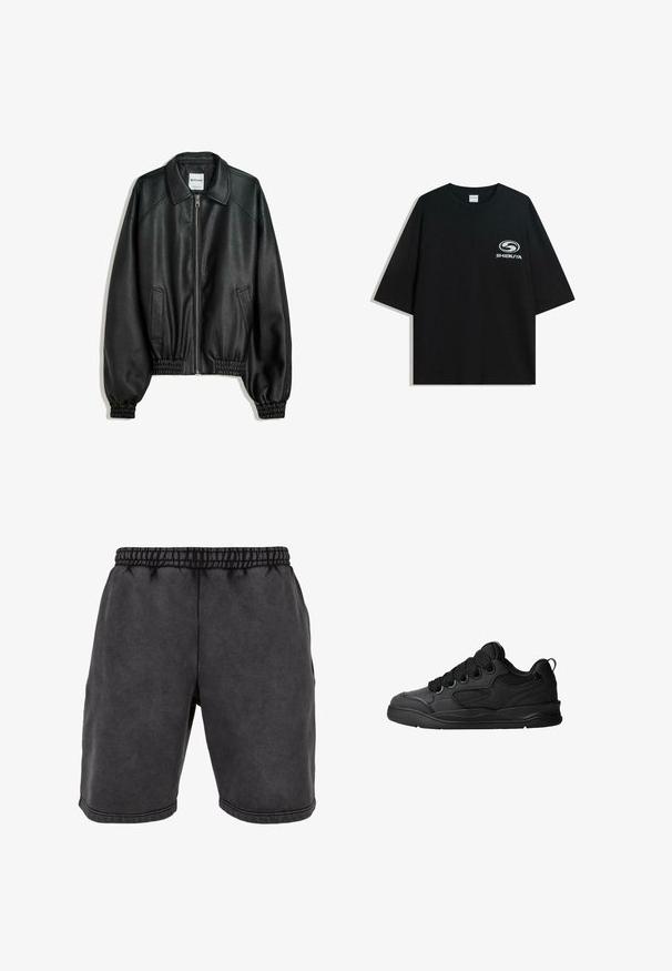 Mustat nahkatakki, jossa on vetoketjukiinnitys edessä, sivutaskut ja gathered-hihansuut. Ominaisuuksiin kuuluu kankainen kaulus ja teksturoitu pinta.; Mustat ylipitkät puuvillapaidat, joissa on pyöreä kaula-aukko ja lyhyet hihat, etuosassa valkoinen "Shibuya" -logo.; Mustat puuvillahousut, joissa on joustava vyötärö, sivutaskut ja koristeompeleita. Kankaassa on pehmeä, matta pinta.; Mustat tennarit, joissa on teksturoitu päällyspinta, nauhat, verkkokohdat hengittävyyttä varten, pehmeä kaulus ja kestävä pohja.