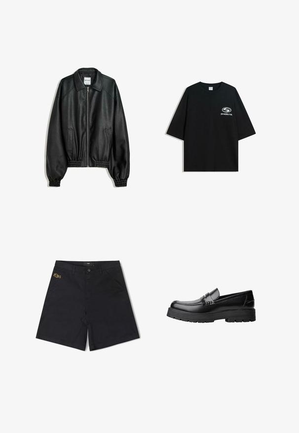 Crna kožna jakna s patentnim zatvaračem sprijeda, bočnim dzepovima i naboranim manžetama. Ima strukturiranu ovratnik i teksturiranu površinu.; Crna oversized pamukasta majica s okruglim izrezom i kratkim rukavima, s bijelim logotipom "Shibuya" otisnutim na prednjoj strani.; Crne pamučne kratke hlače s prednjim kopčanjem na gumb, bočnim džepovima i malim žutim logotipom ribe na lijevom džepu.; Crna kožna mokasina s debelim potplatima i dekorativnom trakom preko gornjeg dijela, prikazana u lijevom bočnom profilu na bijeloj pozadini.