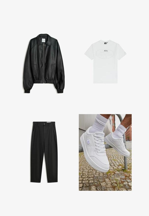 Čierna kožená bunda so zipsom vpredu, bočnými vreckami a zhabanými manžetami. Obsahuje štruktúrovaný golier a textúrovaný povrch.; Biela bavlnená tričko s krátkymi rukávmi. Obsahuje centrálny oválny grafický prvok s textom „New Era“ v tmavomodrej farbe. Jednoduchý, klasický strih.; Čierne bavlnené nohavice s voľným strihom, s klasickým pásom, prednými záhybmi a bočnými vreckami. Hladká textúra bez vzorov.; Biele tenisky s hladkým syntetickým zvrškom, šnurovacie prevedenie, polstrovaný golier a povrchový detail loga na strane, na pozadí kociek.