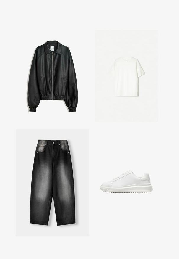 Czarna skórzana kurtka z zamkiem z przodu, kieszeniami po bokach i marszczonymi mankietami. Posiada usztywniony kołnierz i teksturowane wykończenie.; Biała koszulka z krótkim rękawem, wykonana z miękkiej bawełny. Krój z okrągłym dekoltem, luźny fason bez widocznych logo czy wzorów.; Czarne dżinsy o szerokim kroju nogawki, z lekko wyblakłym gradientem od ciemnego do jasnego, pięcioma kieszeniami i zapięciem na guzik.; Białe sneakersy z gładką syntetyczną cholewką, okrągłym noskiem, płaskimi sznurowadłami, teksturowana podeszwa oraz warstwowym, platformowym designem dla dodatkowej wysokości.