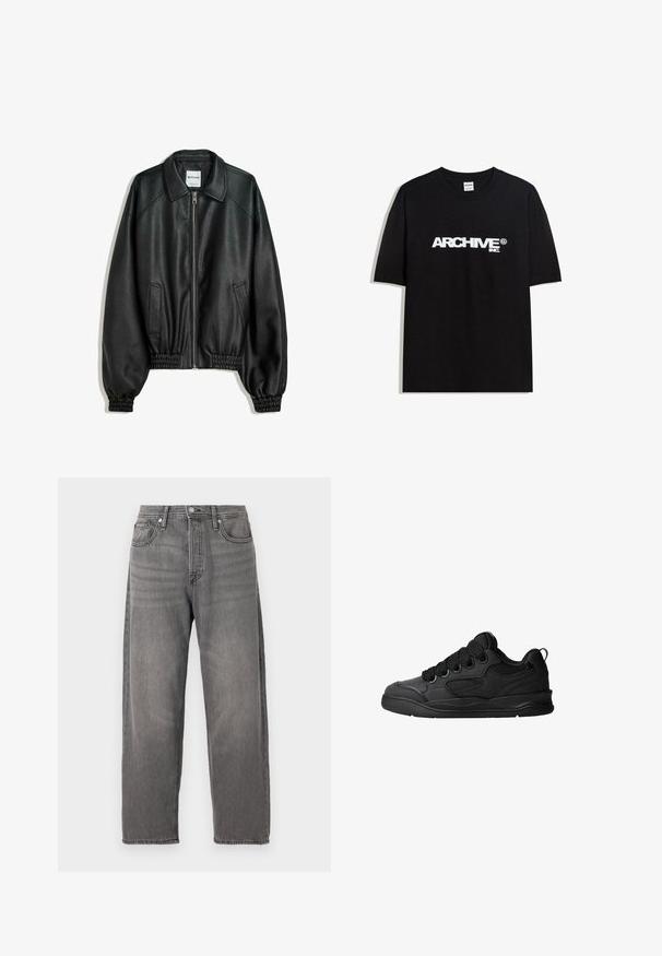 Black leather jacket with a zip front, side pockets, and gathered cuffs. Features a structured collar and textured finish.; Black cotton T-shirt featuring a white "ARCHIVE inc." logo across the chest, short sleeves, and a crew neckline.; Gray denim jeans with a loose fit, straight legs, five-pocket design, and metal button closure. Features faded texture and subtle stitching.; Black sneakers with a textured upper, featuring laces, mesh accents for breathability, padded collar, and a sturdy outsole.