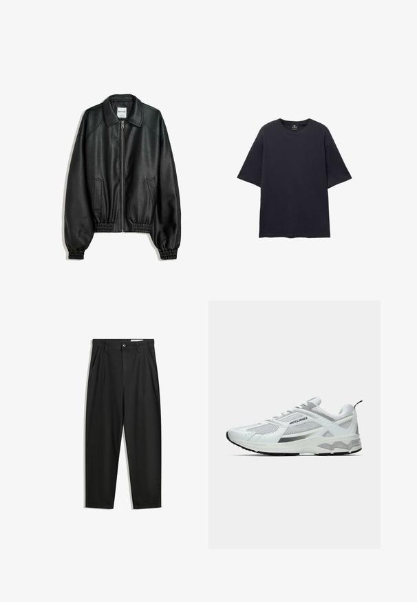 Svart läderjacka med dragkedja framtill, sidofickor och samlade ärmmuddar. Har en strukturerad krage och texturerad yta.; PULL&BEAR SHORT SLEEVE TEXTURED WEAVE - T-shirt - bas - dark blue; Svarta bomullsshorts med avslappnad passform, med en klassisk midja, framveck och sidfickor. Slät textur utan mönster.; Vita sportskor i mesh och syntetiska material, med silverdetaljer, en texturerad sula och snörningsdesign.