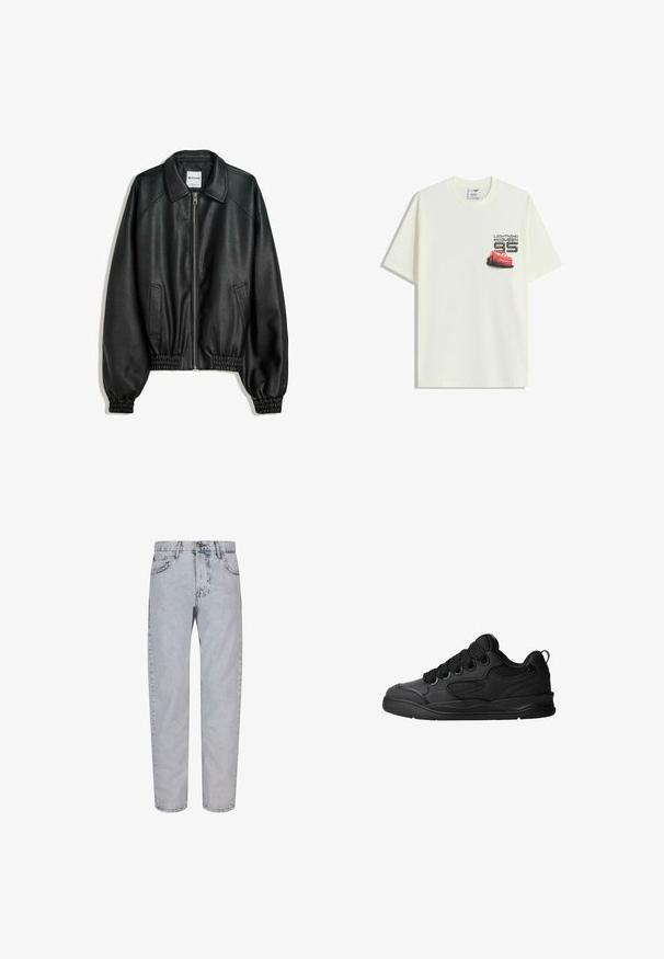 Svart läderjacka med dragkedja framtill, sidofickor och samlade ärmmuddar. Har en strukturerad krage och texturerad yta.; Vit kortärmad T-shirt med en liten grafik av den röda bilen Lightning McQueen och texten "Lightning McQueen 95" på vänster bröst.; 2Y Premium Jeans relaxed fit - lightblue; Svarta sneakers med en texturerad övre del, som har snören, meshaccenter för andningsförmåga, vadderad krage och en robust sula.