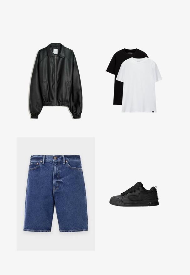 Čierna kožená bunda so zipsom vpredu, bočnými vreckami a zhabanými manžetami. Obsahuje štruktúrovaný golier a textúrovaný povrch.; Dve tričká s pravidelným strihom, jedno čierne a jedno biele, vyrobené z bavlny. Krátke rukávy a okrúhly výstrih s viditeľnou visačkou v dolnom rohu.; Džínové šortky v tmavomodrej farbe s klasickým strihom, s gombíkovým zapínaním, piatimi vreckami a kontrastným oranžovým prešívaním.; Čierne tenisky s textúrovaným zvrškom, s šnúrkami, sieťovinovými akcentmi pre priedušnosť, polstrovaným golierom a pevnou podošvou.