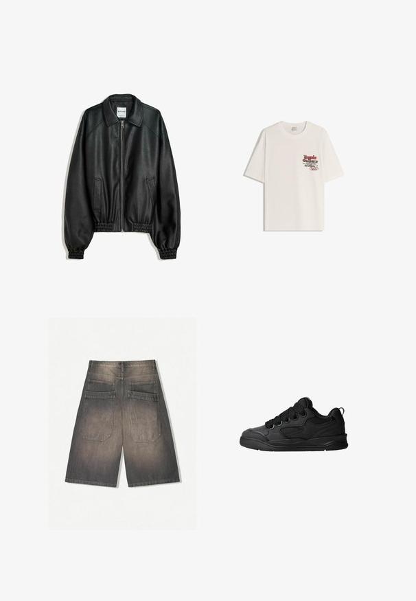 Čierna kožená bunda so zipsom vpredu, bočnými vreckami a zhabanými manžetami. Obsahuje štruktúrovaný golier a textúrovaný povrch.; Biely bavlnený tričko s krátkymi rukávmi a okrúhlym výstrihom. Má potlačenú grafiku v červenej a čiernej farbe na ľavej strane hrudníka.; Tmavošedé riflové šortky s vyblednutým povrchom, ktoré majú dva zadné vrecká a rovné, široké nohy. Žiadne viditeľné kovové prvky ani ozdoby.; Čierne tenisky s textúrovaným zvrškom, s šnúrkami, sieťovinovými akcentmi pre priedušnosť, polstrovaným golierom a pevnou podošvou.