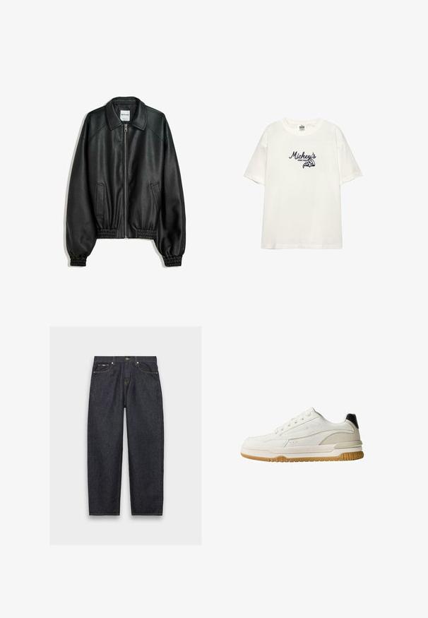 Czarna skórzana kurtka z zamkiem z przodu, kieszeniami po bokach i marszczonymi mankietami. Posiada usztywniony kołnierz i teksturowane wykończenie.; Biała bawełniana koszulka z krótkim rękawem. Ozdobiona granatowym haftowanym napisem "Mickey's" i grafiką pizzy. Prosty okrągły dekolt.; Granatowe dżinsy z prostym krokiem, pięcioma kieszeniami i kontrastowym żółtym przeszyciem. Posiadają metalowe zapięcie oraz szlufki na pasek.; Biały tenisówka z gładką skórzaną cholewką, gumową podeszwą i kontrastującym czarnym akcentem na pięcie. Charakteryzuje się tonalnym przeszyciem i perforacjami.