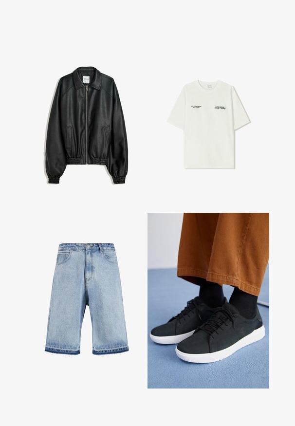 Mustat nahkatakki, jossa on vetoketjukiinnitys edessä, sivutaskut ja gathered-hihansuut. Ominaisuuksiin kuuluu kankainen kaulus ja teksturoitu pinta.; Valkoinen puuvillainen t-paita lyhyillä hihoilla. Edessä mustaa tekstiä: "EI HUOMENNA EI TÄNÄÄN" ja "MAAN TAITEILU" vihreällä käsialalla.; Vaaleansiniset farkkushortsit, joissa on repaleinen helma, klassinen viisi taskua -muotoilu ja etunappikiinnitys. Hiukan haalistunut pesu.; Musta mokkanahkakengät valkoisilla kumipohjilla, joissa on nauhakiinnitys, teksturoituja yksityiskohtia ja huomaamatonta brändäystä, yhdistettynä ruskeisiin housuihin.