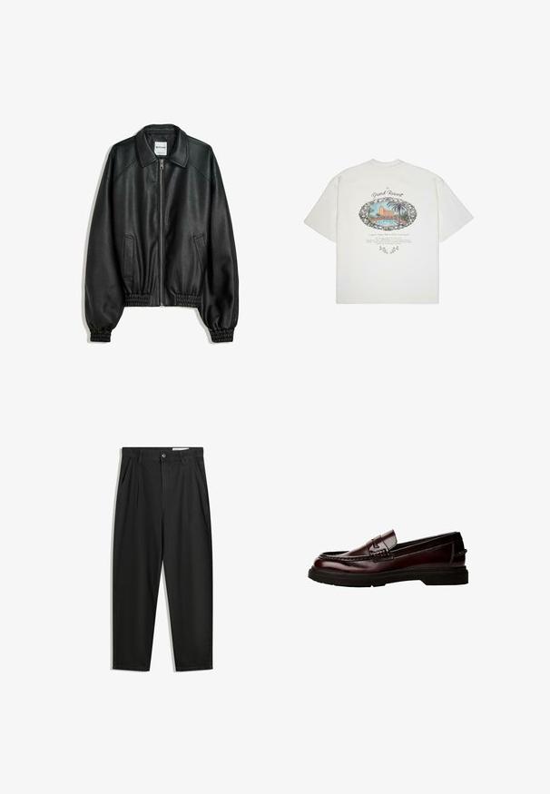 Čierna kožená bunda so zipsom vpredu, bočnými vreckami a zhabanými manžetami. Obsahuje štruktúrovaný golier a textúrovaný povrch.; Biele tričko s krátkym rukávom, ktoré obsahuje farebnú grafiku zobraziacu scenériu letoviska s palmami, obkreslené čiernou farbou, s dekoratívnym textom nižšie.; Čierne bavlnené nohavice s voľným strihom, s klasickým pásom, prednými záhybmi a bočnými vreckami. Hladká textúra bez vzorov.; Hnedé kožené poltopánky s okrúhlou špičkou, detailným prešívaním a gumovou podrážkou. Obsahuje dekoratívny pásik, hladký povrch.