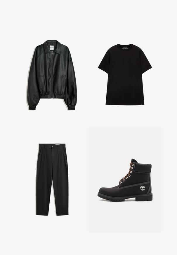 Fekete bőrkabát cipzáros elülső résszel, oldalsó zsebekkel és ráncolt mandzsettákkal. Struktúrált gallérral és texturált felülettel rendelkezik.; PULL&BEAR JOIN LIFE - Basic póló - black; Fekete pamut nadrág laza szabással, klasszikus derékrésszel, elülső hajtásokkal és oldalsó zsebekkel. Simább textúra minta nélkül.; Timberland Fűzős bokacsizmák - black