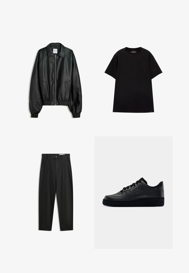 Fekete bőrkabát cipzáros elülső résszel, oldalsó zsebekkel és ráncolt mandzsettákkal. Struktúrált gallérral és texturált felülettel rendelkezik.; PULL&BEAR JOIN LIFE - Basic póló - black; Fekete pamut nadrág laza szabással, klasszikus derékrésszel, elülső hajtásokkal és oldalsó zsebekkel. Simább textúra minta nélkül.; Fekete Nike Air Force 1 sneaker sima bőr felsőrészével, perforált orrával a légáteresztés érdekében, fekete cipőfűzőkkel és textúrált gumitalppal.