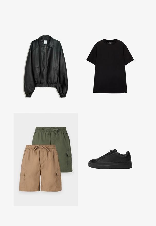 Zwarte leren jas met rits aan de voorkant, zijzakken en verzamelde manchetten. Heeft een gestructureerde kraag en een gestructureerde afwerking.; PULL&BEAR JOIN LIFE - T-shirt basic - black; Twee paren cargo shorts; één khaki, één groen. Beide hebben een elastische tailleband, een trekkoord en zijzakken. Glad stoftextuur.; Zwarte sneaker van gladleer, met een ronde neus, een dikke platformzool en een traditionele vetersluiting met zes vetergaatjes.