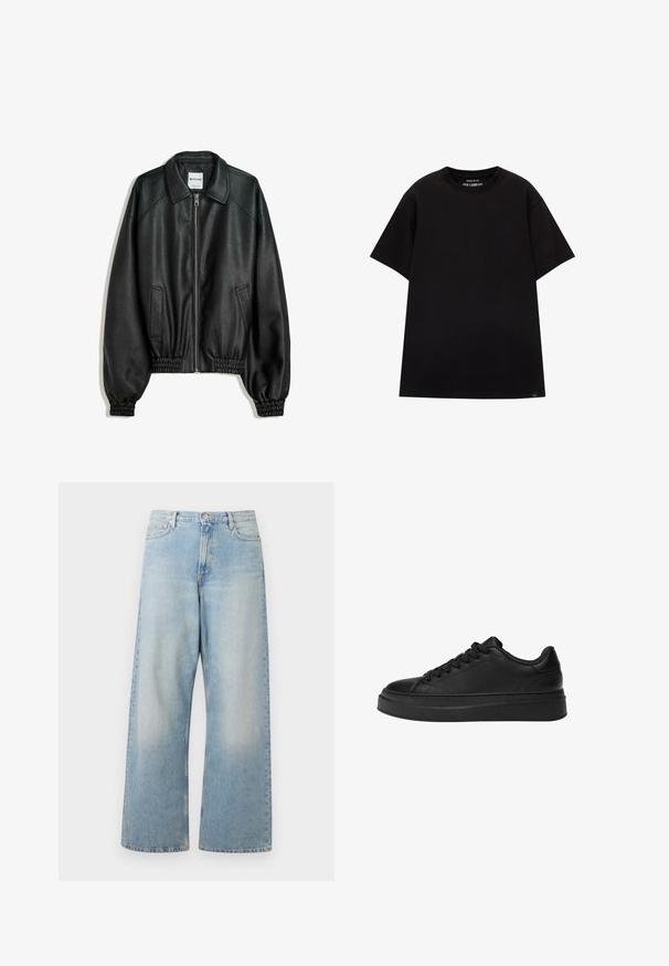 Zwarte leren jas met rits aan de voorkant, zijzakken en verzamelde manchetten. Heeft een gestructureerde kraag en een gestructureerde afwerking.; PULL&BEAR JOIN LIFE - T-shirt basic - black; Lichtblauwe wijde jeans van denim, met een hoge taille, voorzakken en een vervaagde wasbeurt met subtiele slijtageplekken op de dijen.; Zwarte sneaker van gladleer, met een ronde neus, een dikke platformzool en een traditionele vetersluiting met zes vetergaatjes.