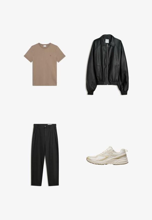 Fekete bőrkabát cipzáros elülső résszel, oldalsó zsebekkel és ráncolt mandzsettákkal. Struktúrált gallérral és texturált felülettel rendelkezik.; Barna pamut póló, kerek nyakkivágással, rövid ujjakkal, a mellkason egy kis vörös "II" logóval. Egyszerű dizájn és sima textúra.; Fekete pamut nadrág laza szabással, klasszikus derékrésszel, elülső hajtásokkal és oldalsó zsebekkel. Simább textúra minta nélkül.; Fehér sportcipők, amelyek hálós és szintetikus anyagból készültek, lekerekített orral, párnázott talppal és bézs díszítésekkel az oldalán.