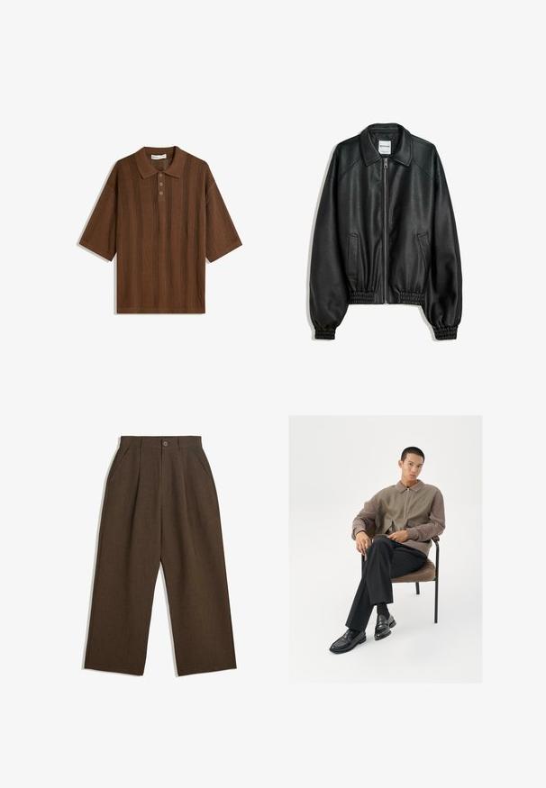 Čierna kožená bunda so zipsom vpredu, bočnými vreckami a zhabanými manžetami. Obsahuje štruktúrovaný golier a textúrovaný povrch.; Hnedý polokošeľový tričko s krátkymi rukávmi, prezentujúce textúrovaný pletený dizajn s vertikálnymi pruhmi a trojktorým gombíkom. Mäkka látka, voľný strih.; Hnedé plisované nohavice s širokým strihom, vybavené zapínaním na gombík a bočnými vreckami, vyrobené z textúrovaného materiálu vhodného na neformálne nosenie.; Pánska zipsová bunda v zemitých tónoch, s textúrovanou tkaninou a nadrozmernými vreckami. Úzke čierne nohavice a lesklé čierne mokasíny.