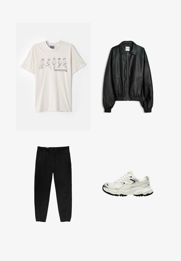 Giacca di pelle nera con zip frontale, tasche laterali e polsini arricciati. Presenta un colletto strutturato e una finitura testurizzata.; T-shirt in cotone color crema con maniche corte, caratterizzato da un design astratto nero e dalla scritta "KIDSUPER STUDIOS" al centro.; Pantaloni neri con cintura elastica e coulisse, gamba affusolata, tasche laterali e sottili dettagli di cucitura laterale. Tessuto in cotone morbido.; Sneaker bianca con tomaia in rete, dettagli argentati, suola nera e pannelli testurizzati. Presenta un design con lacci e punta arrotondata.