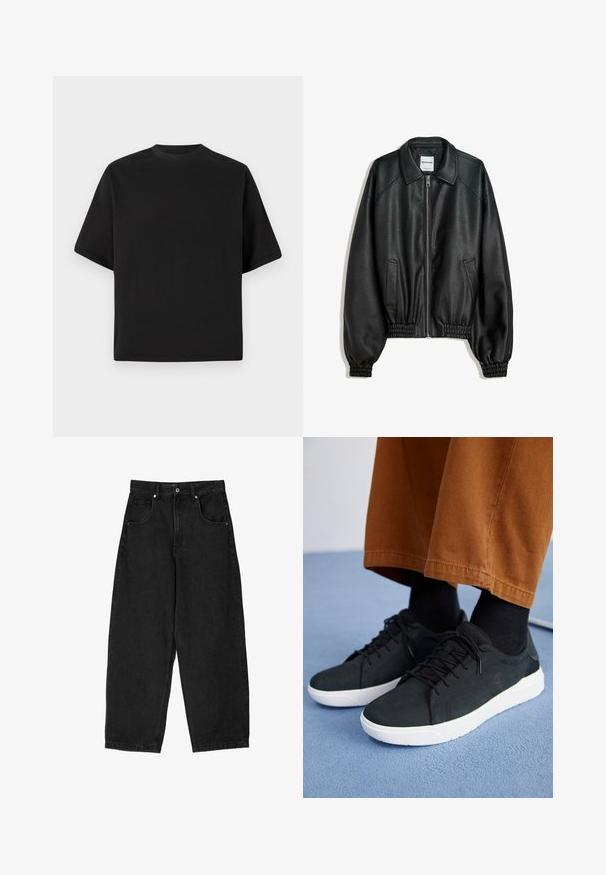 Black leather jacket with a zip front, side pockets, and gathered cuffs. Features a structured collar and textured finish.; Black short-sleeve T-shirt in a loose fit, made of smooth cotton, featuring a round neckline and minimalistic design.; Black denim wide-leg pants with a high waist, featuring five pockets, a zip fly, and a metal button closure. Smooth texture, minimal detailing.; Black suede sneakers with white rubber soles, featuring lace-up design, textured accents, and subtle branding, paired with brown pants.