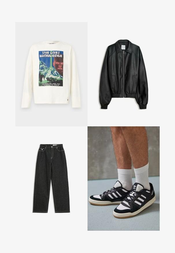 Mustat nahkatakki, jossa on vetoketjukiinnitys edessä, sivutaskut ja gathered-hihansuut. Ominaisuuksiin kuuluu kankainen kaulus ja teksturoitu pinta.; Kerman pitkähihaine t-paita, jossa on värikäs grafiikkapainatus nimeltä "Kadonnut tietämyks", joka esittää pyramidia ja digitaalisia kasvotelementtejä.; Mustat suorat farkut valkoisella ompelella, viisi taskua, nappi- ja vetoketjukiinnitys sekä pieni logo etu-oikeassa taskussa.; Valkoiset ja mustat tennarit, joissa on mokkanahka- ja nahkapäällinen, kolme valkoista raitaa, rei'itetty kärki ja kumipohja.