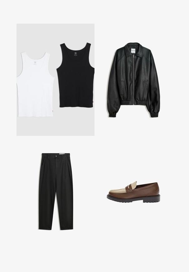 Fekete bőrkabát cipzáros elülső résszel, oldalsó zsebekkel és ráncolt mandzsettákkal. Struktúrált gallérral és texturált felülettel rendelkezik.; Két pamut ujjatlan felső, az egyik fehér, a másik fekete, mindkettő bordás textúrájú, kerek nyakkal és egy kis piros logóval az alsó szegélyen.; Fekete pamut nadrág laza szabással, klasszikus derékrésszel, elülső hajtásokkal és oldalsó zsebekkel. Simább textúra minta nélkül.; Barna bőrloafer bézs bőr díszítéssel és varrott részletekkel. Alacsony, texturált fekete talppal és klasszikus dizájnnal rendelkezik.