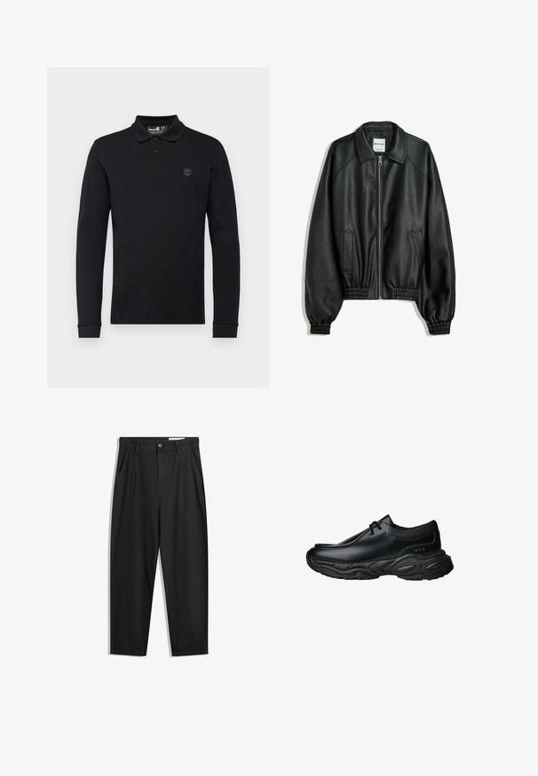 Fekete bőrkabát cipzáros elülső résszel, oldalsó zsebekkel és ráncolt mandzsettákkal. Struktúrált gallérral és texturált felülettel rendelkezik.; Timberland MILLERS RIVER MILLERS RIVER - Hosszú ujjú felső - black; Fekete pamut nadrág laza szabással, klasszikus derékrésszel, elülső hajtásokkal és oldalsó zsebekkel. Simább textúra minta nélkül.; Fekete bőr slip-on cipők lekerekített orral és vastag, texturált gumitalppal. Finom varrásokkal és elasztikus részletekkel rendelkezik a nyaknál.