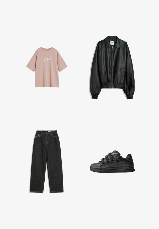 Jachetă din piele neagră, cu fermoar frontal, buzunare laterale și mansete strânse. Dispune de un guler structurat și un finisaj texturat.; Tricou oversized de culoare roz prăfuit, realizat din bumbac moale, având un design grafic subtil pe față. Mâneci scurte și guler rotund.; Jeanși negri cu picioare drepte, cusături albe, design cu cinci buzunare, închidere cu nasture și fermoar, și un mic logo pe buzunarul din dreapta față.; Adidași negri cu o parte superioară din piele netedă, accente texturate și șireturi rotunde negre și albe. Talpă groasă din cauciuc cu un profil texturat.