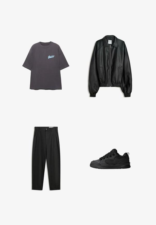 Jachetă din piele neagră, cu fermoar frontal, buzunare laterale și mansete strânse. Dispune de un guler structurat și un finisaj texturat.; Tricou supradimensionat gri, din bumbac, cu un logo grafic albastru pe partea stângă a pieptului, guler rotund și mâneci scurte.; Pantaloni negri din bumbac cu croială lejeră, având un brâu clasic, plii frontale și buzunare laterale. Textură netedă fără modele.; Adidași negri cu un lateral texturat, având șireturi, accente din plasă pentru respirabilitate, guler căptușit și o talpă rezistentă.