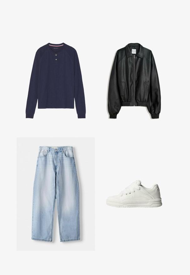 Čierna kožená bunda so zipsom vpredu, bočnými vreckami a zhabanými manžetami. Obsahuje štruktúrovaný golier a textúrovaný povrch.; Tmavomodré tričko Henley s dlhým rukávom, okrúhlym výstrihom, zapínaním na dva gombíky a rebrovanými manžetami. Mäkká textúra, neformálny dizajn.; Svetlomodré džíny typu wide-leg s stredným pásom, dizajnom s piatimi vreckami a jemným vyblednutím; dokončené rovný spodok a pútka na opasok.; Biele tenisky s hladkým koženým povrchom, polstrovanou jazykovkou, plochými šnúrkami a štruktúrovanými detailmi na stranách a päte.