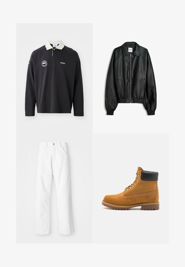 Zwarte leren jas met rits aan de voorkant, zijzakken en verzamelde manchetten. Heeft een gestructureerde kraag en een gestructureerde afwerking.; Zwarte polo met lange mouwen en een contrasterende witte kraag, met geborduurde logo's op de borst en mouw. Gemaakt van zachte stof.; Witte denim broek met een rechte pijpdesign, voorzien van een sluiting met een voorknoop en ritssluiting, vijf zakken en een schone, gestructureerde afwerking.; Tan suède enkelboot met zwart gevoerd kraagje, gouden metalen oogjes, witte stikdetails en een robuuste rubberen zool met uitgesproken profiel.