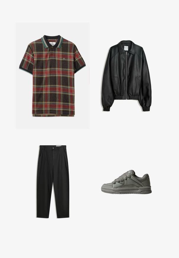 Jachetă din piele neagră, cu fermoar frontal, buzunare laterale și mansete strânse. Dispune de un guler structurat și un finisaj texturat.; Polo din material maro închis cu un model tartan în culorile roșu, galben și verde. Prezintă un guler negru cu dungi verzi și albe și două butoane.; Pantaloni negri din bumbac cu croială lejeră, având un brâu clasic, plii frontale și buzunare laterale. Textură netedă fără modele.; Pantof de sport gri, cu un superior din piele texturată și plasă, talpă groasă din cauciuc și un limbaj proeminent, căptușit pe părțile laterale. Include șireturi și accente laterale.