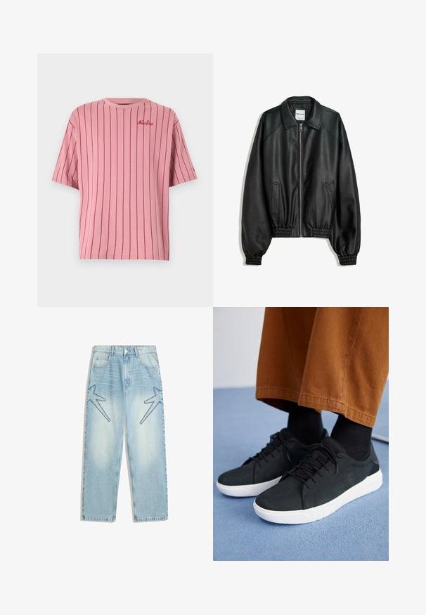 Mustat nahkatakki, jossa on vetoketjukiinnitys edessä, sivutaskut ja gathered-hihansuut. Ominaisuuksiin kuuluu kankainen kaulus ja teksturoitu pinta.; Vaaleanpunainen raidallinen puuvillapaita, jossa on lyhyet hihat, pyöreä pääntie ja tummemmalla vaaleanpunaisella brodeerattu teksti.; Vaaleansinisiä farkkuja, joissa on suora leikkaus, edessä suuria tummansinisistä tähden muotoisia kuvioita ja perinteinen viiden taskun tyyli.; Musta mokkanahkakengät valkoisilla kumipohjilla, joissa on nauhakiinnitys, teksturoituja yksityiskohtia ja huomaamatonta brändäystä, yhdistettynä ruskeisiin housuihin.