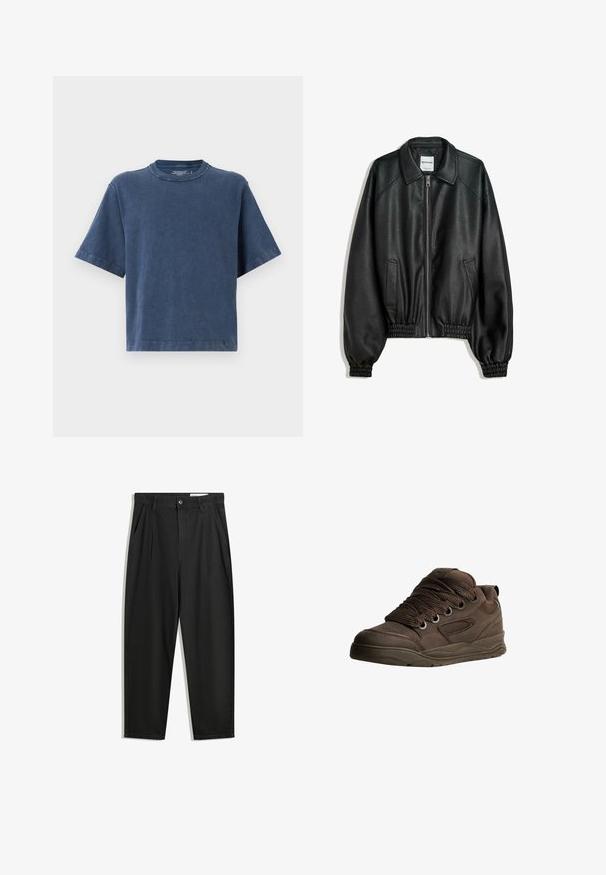 Sort læderjakke med lynlås foran, sidelommer og sammenkrøllede manchetter. Har en struktureret krave og en tekstureret overflade.; Bomulds T-shirt i mørkeblå, med rund halsudskæring, korte ærmer og en afslappet pasform. Glat tekstur med rene sømdetaljer.; Sorte bomuldsbukser med en afslappet pasform, der har en klassisk talje, frontfolder og sidelommer. Glat tekstur uden mønstre.; Brune sportsko lavet af glat syntetisk materiale. Har tykke snørebånd, mesh-detaljer, polstret krave og struktureret gummisål.