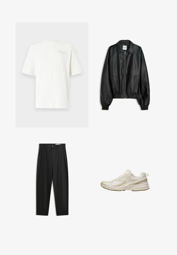 Črna usnjena jakna z zadrgo na sprednjem delu, stranskimi žepi in nabranimi manšeti. Ima strukturiran ovratnik in teksturiran zaključek.; Bela rebrasta majica s kratkimi rokavi, z majhnim vezenim logotipom v svetlo rjavi barvi na levi strani prsnega področja. Mehka tekstura in sproščen kroj.; Črne bombažne hlače s sproščenim krojem, ki vključujejo klasičen pas, sprednje gube in stranske žepke. Gladka tekstura brez vzorcev.; Bele športne čevlje iz mrežastega in sintetičnega materiala, z zaobljenim prstom, oblazinjeno podplatom in bež poudarki na straneh.