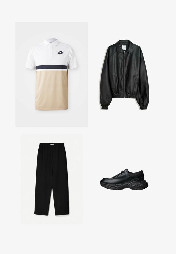 Czarna skórzana kurtka z zamkiem z przodu, kieszeniami po bokach i marszczonymi mankietami. Posiada usztywniony kołnierz i teksturowane wykończenie.; Koszulka polo z białą górą, beżowym dołem i granatowym poziomym paskiem. Posiada zapięcie na guziki przy kołnierzyku i logo na piersi. Teksturowana tkanina.; Czarne, szerokie spodnie wykonane z lekkiego materiału. Posiadają elastyczny pasek w talii oraz gładką teksturę. Brak widocznych wzorów czy elementów metalowych.; Czarne skórzane buty wsuwane z okrągłym noskiem i grubą, teksturowaną gumową podeszwą. Posiadają subtelne przeszycia oraz elastyczne akcenty na kołnierzu.