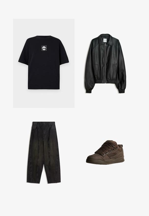 Črna usnjena jakna z zadrgo na sprednjem delu, stranskimi žepi in nabranimi manšeti. Ima strukturiran ovratnik in teksturiran zaključek.; Črna bombažna majica s sproščenim krojem, ki ima na prsih kvadratni bel logotip s podobo drevesa. Kratek rokav in krožni ovratnik.; Črne široke jeans hlače z vidnimi šivi in razpršenimi robovi, ki imajo dve sprednji žepi in visok pas.; Rjave športne čevlje, izdelane iz gladkega sintetičnega materiala. Imajo debele vezalke, mrežaste dodatke, podložen ovratnik in strukturo gumijastega podplata.