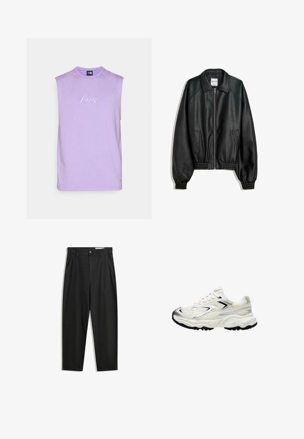 Črna usnjena jakna z zadrgo na sprednjem delu, stranskimi žepi in nabranimi manšeti. Ima strukturiran ovratnik in teksturiran zaključek.; Vijolična brezrokavnik, mehak bombažni material, krožni dekolte, s izvezenim logotipom "Los Angeles Lakers" v beli barvi na prsih.; Črne bombažne hlače s sproščenim krojem, ki vključujejo klasičen pas, sprednje gube in stranske žepke. Gladka tekstura brez vzorcev.; Bele superge z mrežasto zgornjico, srebrnimi poudarki, črnim podplatom in teksturiranimi paneli. Imajo vezalni dizajn in okroglo obliko nosu.