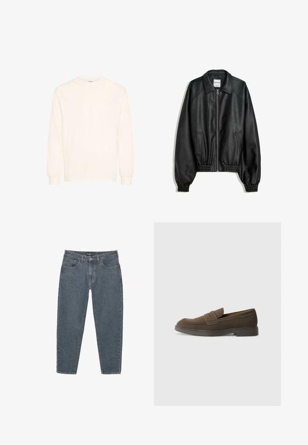 Čierna kožená bunda so zipsom vpredu, bočnými vreckami a zhabanými manžetami. Obsahuje štruktúrovaný golier a textúrovaný povrch.; Dlhý rukáv z off-white bavlny s okrúhlym výstrihom a elastickými manžetami, s minimalistickým dizajnom a mäkkou textúrou.; Tmavomodré denimové nohavice s uvoľneným strihom, päť vreciek, zapínanie na gombík a mierne roztrhnutý lem. Odolný materiál s jemnou textúrou.; Hnedé semišové loafery s okrúhlou špičkou, pásikom na prednej časti a plochou gumovou podrážkou. Jednoduchý dizajn s čistými líniami a minimálnym detailovaním.