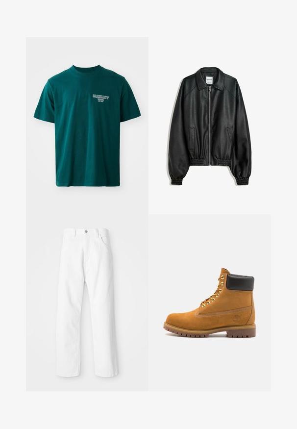 Schwarze Lederjacke mit Reißverschluss vorne, seitlichen Taschen und gerafften Bündchen. Sie verfügt über einen strukturierten Kragen und eine strukturierte Oberfläche.; Türkise Baumwoll-T-Shirt mit kurzen Ärmeln und Rundhalsausschnitt. Enthält das weiße "Carhartt WIP"-Logo auf der linken Brust. Einfaches Design, gerade geschnitten.; Weiße Denim-Hosen mit geradem Bein, ausgestattet mit einem Frontknopf und einem Reißverschluss, fünf Taschen und einem sauberen, strukturierten Finish.; Beige Wildleder-Ankle-Boot mit schwarzem gepolstertem Kragen, goldenen Metallösen, weißen Nähdetalben und einer robusten Gummisohle mit ausgeprägtem Profil.