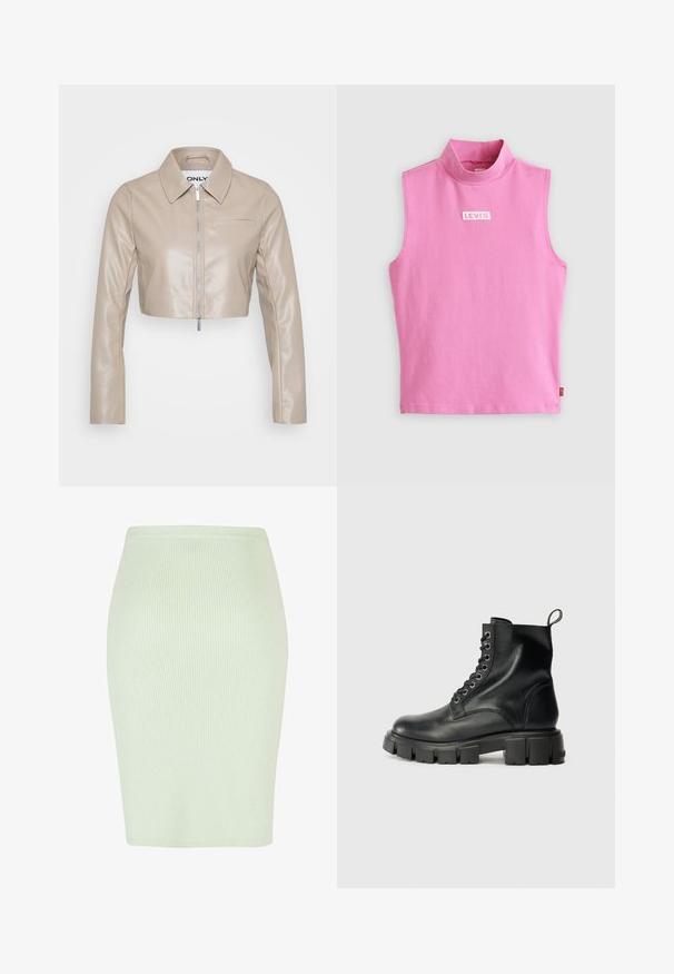 ONLY Petite ONLSARAMY JACKET - Műbőr dzseki - fungi; Rózsaszín ujjatlan felső, magas nyakkal, puha pamutból készült. Jellemzője egy apró fehér Levi's logó a mellkason. Sima textúra és egyszerű dizájn.; Kötött ceruzaszoknya világos menta zöld színben, függőleges bordázott textúrával, testhez álló fazonnal és sima derékkal. Ideális mindennapi vagy alkalmi viseletre.; Fekete bőr bokacsizma, lekerekített orral, fűzős elülső résszel, hat fém szemmel és tömzsi, textúrált gumi talppal.