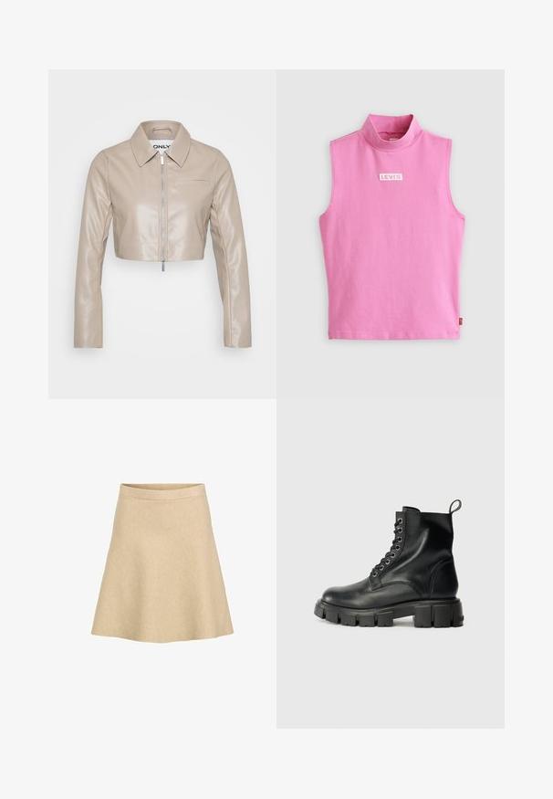 ONLY Petite ONLSARAMY JACKET - Kunstlederjacke - fungi; Rosanes ärmelloses Oberteil mit hohem Kragen, aus weichem Baumwollstoff gefertigt. Verfügt über ein kleines weißes Levi's-Logo auf der Brust. Glatte Textur und schlichtes Design.; Ein beiger, ausgestellter Rock aus einem strukturierten Stoff mit hoher Taille und einem glatten Saum, entworfen für eine einfache und klare Silhouette.; Schwarze Leder-Stiefeletten mit abgerundetem Zeh, Schnürung mit sechs Metallösen und einer stabilen, strukturierten Gummisohle.