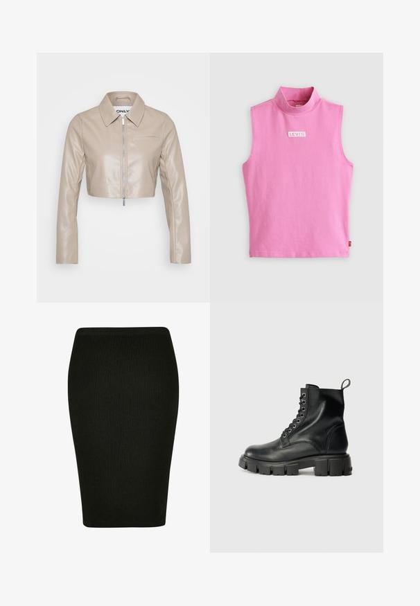 ONLY Petite ONLSARAMY JACKET - Bunda z nepravej kože - fungi; Ružový top bez rukávov s vysokým golierom, vyrobený z jemnej bavlnenej tkaniny. Na hrudi sa nachádza malé biele logo Levi's. Hladká štruktúra a jednoduchý dizajn.; Čierna rypsová ceruzková sukňa s priliehavým strihom. Má vysoký pás a textúrovanú látku, ktorá ponúka hladký siluetu.; Čierne kožené členkové topánky s okrúhlou špičkou, šnurovaním vpredu s šiestimi kovovými očkami a robustnou, textúrovanou gumovou podrážkou.
