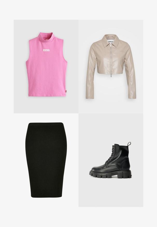 ONLY Petite ONLSARAMY JACKET - Jakna iz umetnega usnja - fungi; Roza brezrokavnik z visokim ovratnikom, izdelan iz mehke bombažne tkanine. Ima majhen bel logo Levi's na prsih. Gladka tekstura in preprost dizajn.; Črna rebrasta svinčnik krilo s prilegljivim oblikovanjem. Ima visok pas in teksturirano tkanino, kar ponuja gladko silhueto.; Črne usnjene gležnjak čevlje z zaobljenim nosom, vezanjem spredaj z šestimi kovinskimi očesi in masivnim, teksturiranim gumijastim podplatom.