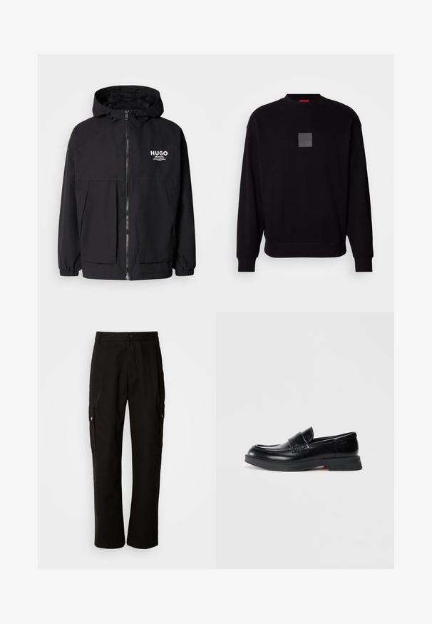 Black hooded jacket featuring a full front zip, elastic cuffs, and dual front pockets. Printed logo on the left chest. Smooth texture.; Black sweatshirt with long sleeves, round neckline, a front gray square logo, soft texture, and ribbed cuffs and hem.; Black cargo pants made of cotton with a relaxed fit, featuring side pockets, a button closure, and straight legs. Simple design without patterns.; Black leather loafers with a smooth finish, featuring a raised front panel and a contrasting red accent on the sole. Flat rubber outsole.