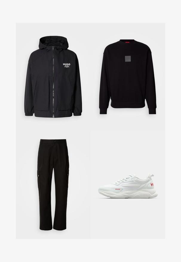 Juodas gobtuvas striukė su pilnu priekiniu užtrauktuku, elastinėmis rankovėmis ir dviem priekinėmis kišenėmis. Spausdintas logo ant kairės krūtinės. Lygus tekstūruotas paviršius.; Juodas megztinis ilgomis rankovėmis, apvaliu iškirpimu, su priekiu pilku kvadratiniu logotipu, minkšta tekstūra, bei raukšlėtomis rankovėmis ir apačia.; Juodos krovinių kelnės, pagamintos iš medvilnės, laisvo kirpimo, su šoninėmis kišenėmis, mygtuko uždarymu ir tiesiomis kojomis. Paprastas dizainas, be raštų.; Balti sportiniai bateliai, pagaminti iš lygios sintetinės medžiagos, su tekstūruotu padu. Šone yra raudona "HUGO" prekės ženklo iškirptė ir paminkštintas apykaklė.