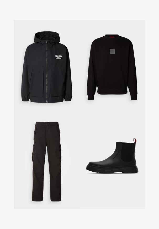 Zwarte hoodie-jack met een volledige rits aan de voorkant, elastische manchetten en twee voorzakken. Gedrukt logo op de linkerborst. Glad textuur.; Zwarte sweatshirt met lange mouwen, ronde halslijn, een grijzige vierkante logo op de voorkant, zachte textuur en geribde manchetten en zoom.; Zwarte cargobroek met een rechte snit, elastische tailleband, meerdere zijzakken en een textiele stof voor duurzaamheid.; Zwarte enkelboot met een gladde afwerking, elastische zijpanelen en een contrasterende rode treklus, met een dikke rubberen zool en een afgeronde teen.
