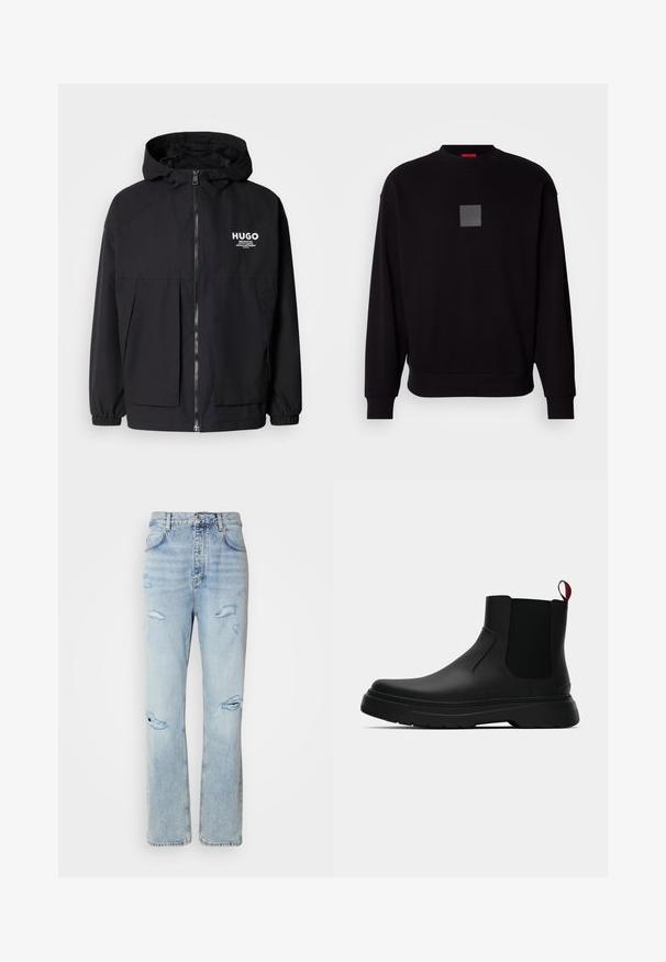 Jachetă neagră cu glugă, având un fermoar complet pe față, manșete elastice și două buzunare frontale. Logo imprimat pe partea stângă a pieptului. Textură netedă.; Hanorac negru cu mâneci lungi, decolteu rotund, logo pătrat gri pe față, textură moale și manșete și tiv ribbate.; Jeans din denim cu spălare deschisă, cu o croială relaxată, având zone deteriorate și margini desfăcute. Materialul are o textură moale și netedă.; Botine negre până la gleznă, cu un finisaj neted, panouri laterale elastice și un tab de prindere roșu contrastant, având o talpă groasă din cauciuc și vârf rotunjit.