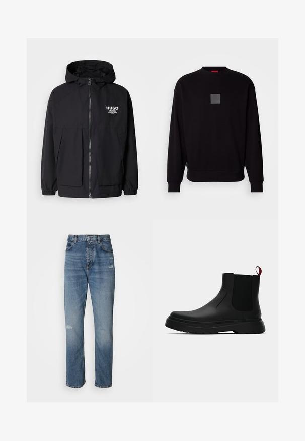 Czarna kurtka z kapturem z pełnym zamkiem z przodu, elastycznymi mankietami i podwójnymi kieszeniami z przodu. Drukowane logo na lewej piersi. Gładka faktura.; Czarna bluza z długimi rękawami, okrągłym dekoltem, szarym kwadratowym logo z przodu, miękką teksturą oraz ribbowymi mankietami i dołem.; Jasnoniebieskie dżinsy o prostym kroju, z zapięciem na guzik i zamek błyskawiczny, pięcioma kieszeniami oraz przetarciami w okolicy kolana.; Czarny botek za kostkę o gładkim wykończeniu, z elastycznymi bocznymi panelami i kontrastującą czerwoną pętelką, z grubą gumową podeszwą i zaokrąglonym noskiem.